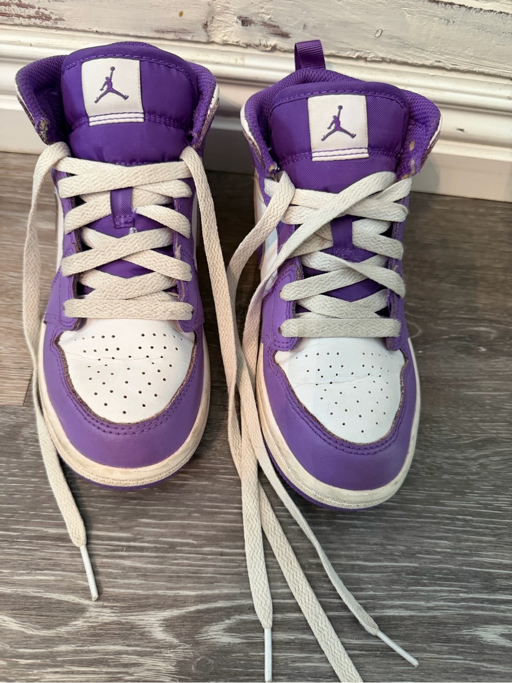 Jordan Youth 1 Purple and White High-Top Sneakers